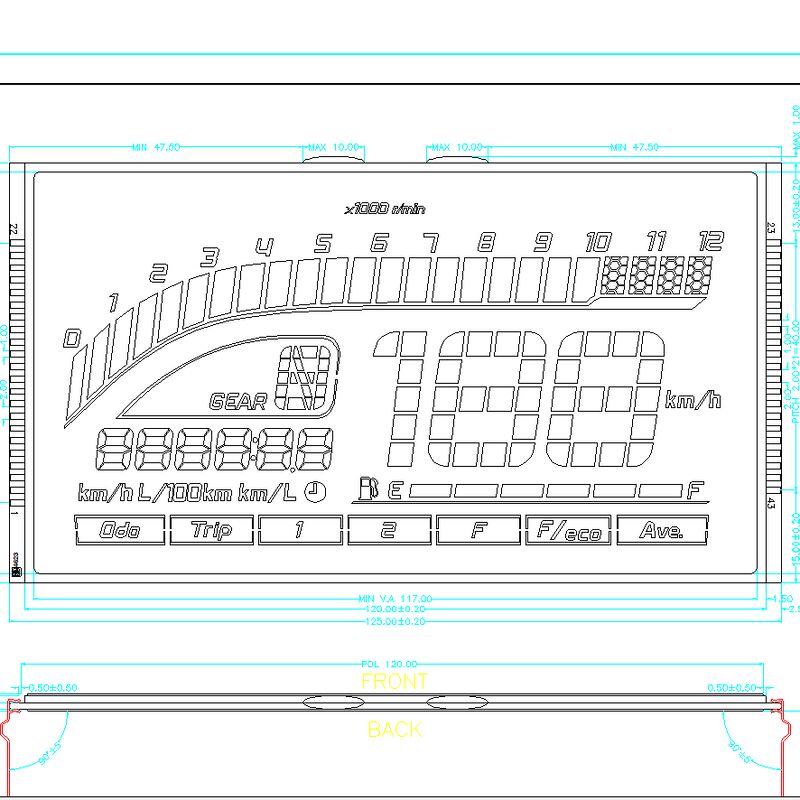Niestandardowy 7-segmentowy wyświetlacz LCD HTN z niebieskim ekranem HTN Panel LCD z ujemnym segmentem do prędkościomierza