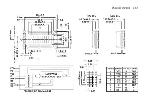 8 X 2 Tryb szary Wyświetlacz STN LCD 6'Clock Kąt widzenia S6A0069 Kontroler ISO Standard